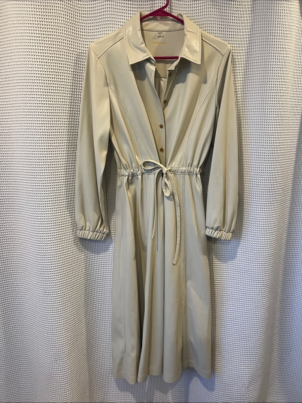 Calvin Klein Cream Long-Sleeve Vegan Leather Button Front Tie-Waist Midi Dress